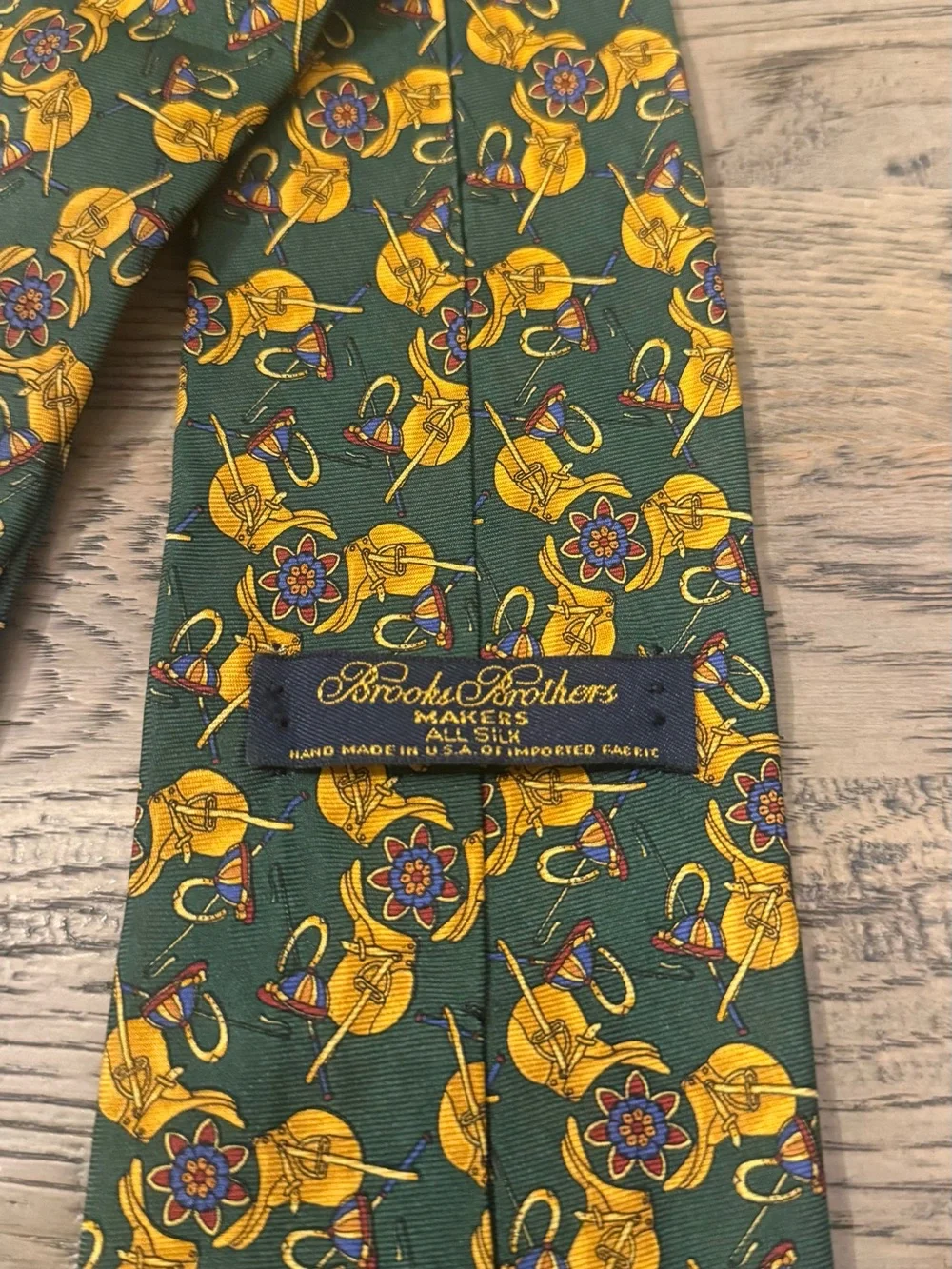 Brooks Brothers Green Silk Tie with Yellow Floral & Equestrian Motif